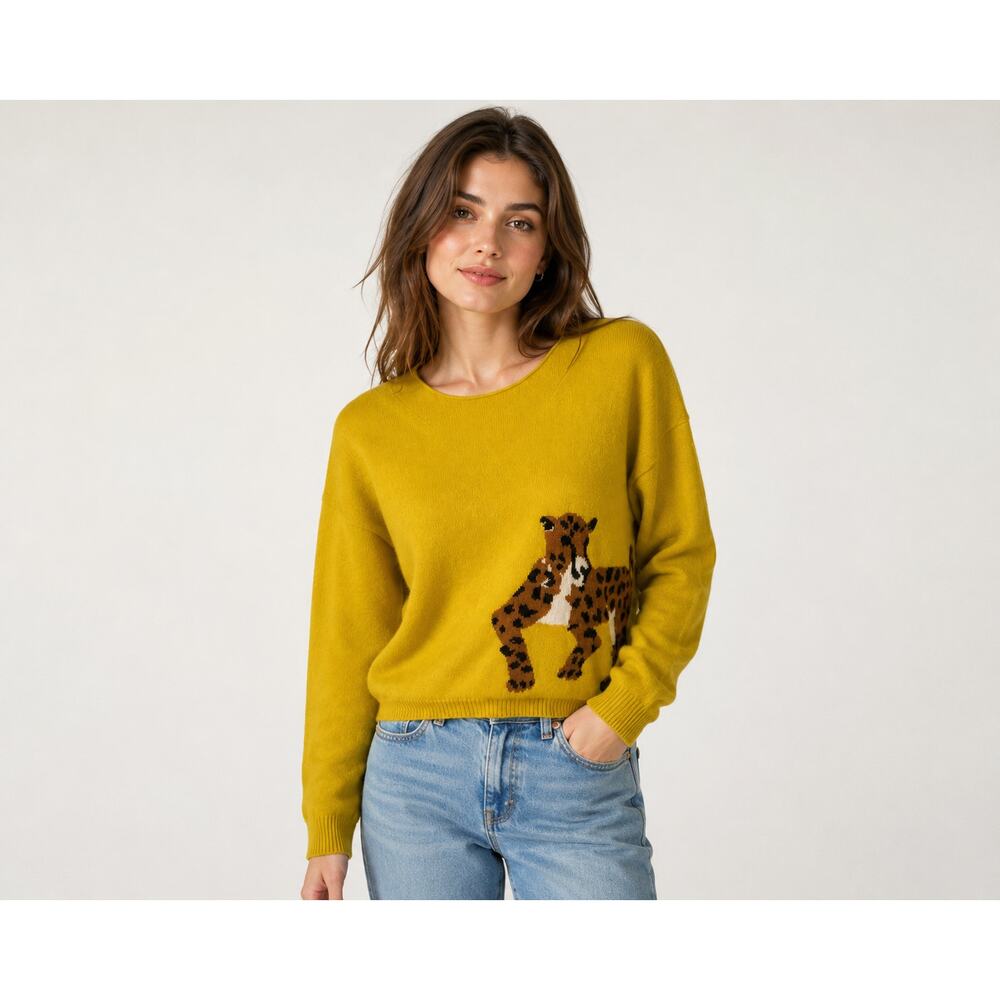Maeve by Anthropologie 100% Cashmere Leopard Sweater XS Petite Mustard Yellow